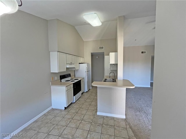 kitchen with lofted ceiling, white appliances, white cabinets, sink, and kitchen peninsula