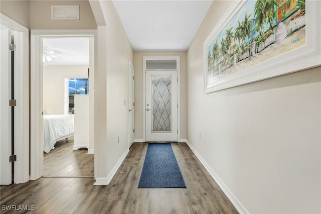 foyer entrance with wood-type flooring and ceiling fan