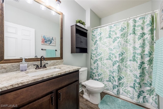 bathroom with wood-type flooring, vanity, and toilet