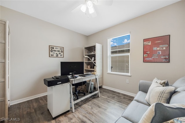 office area featuring ceiling fan and hardwood / wood-style flooring