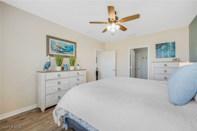 bedroom with ceiling fan and wood-type flooring