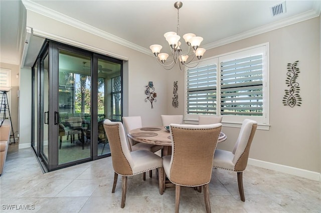 tiled dining room featuring crown molding and a chandelier