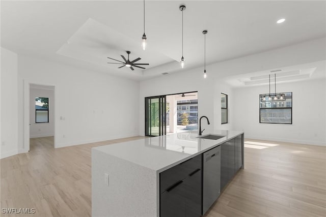 kitchen with sink, an island with sink, and a tray ceiling