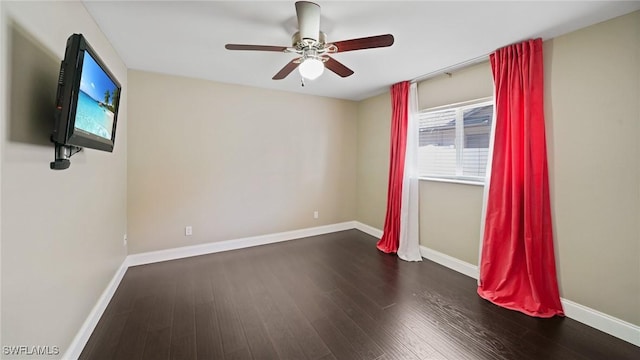 empty room featuring ceiling fan and dark hardwood / wood-style floors