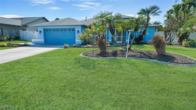 ranch-style home with a garage and a front yard