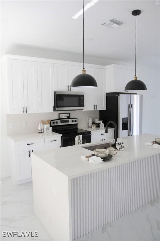 kitchen with stainless steel appliances, marble finish floor, visible vents, and a sink