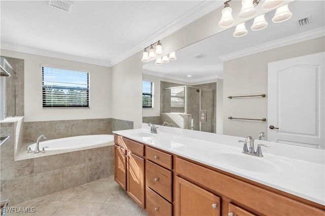 bathroom with tile patterned floors, vanity, ornamental molding, and plus walk in shower