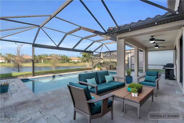 view of patio featuring glass enclosure, a grill, a water view, and an outdoor hangout area