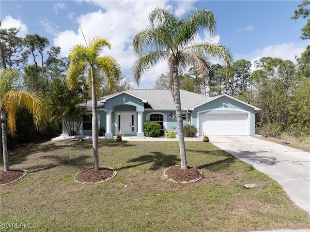 ranch-style house featuring concrete driveway, stucco siding, a garage, and a front lawn