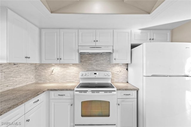 kitchen with white cabinets and white appliances