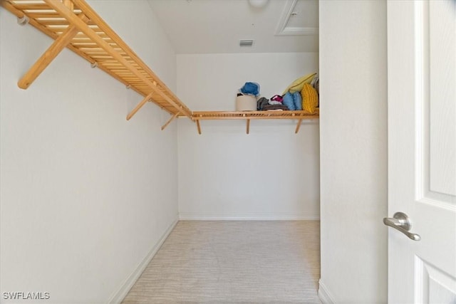 walk in closet featuring light colored carpet