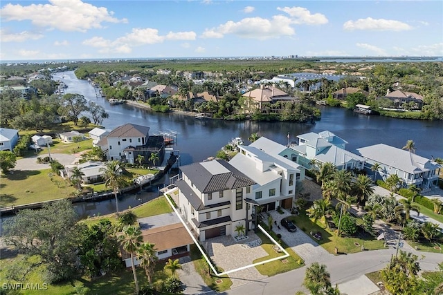 drone / aerial view featuring a water view