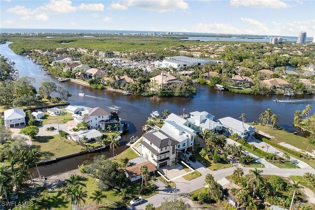 bird's eye view with a water view