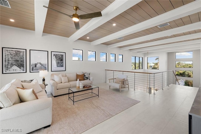 living room with beamed ceiling, ceiling fan, and wood ceiling