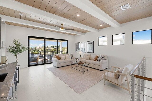 living room with beamed ceiling, ceiling fan, and wood ceiling