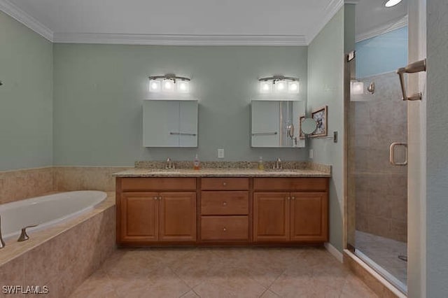 bathroom with tile patterned flooring, crown molding, vanity, and plus walk in shower