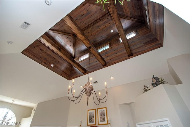 room details with beam ceiling, an inviting chandelier, and wood ceiling