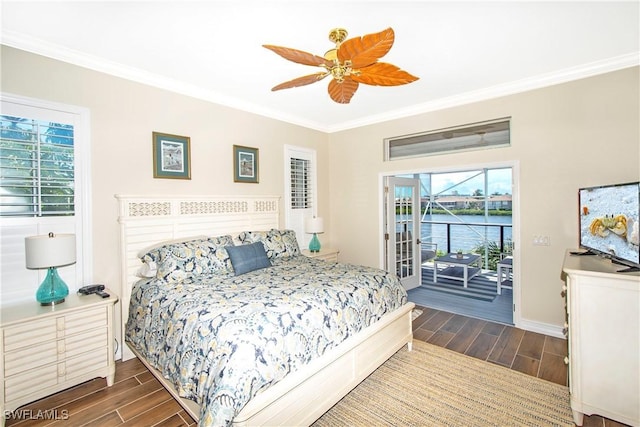 bedroom with access to outside, ceiling fan, and ornamental molding