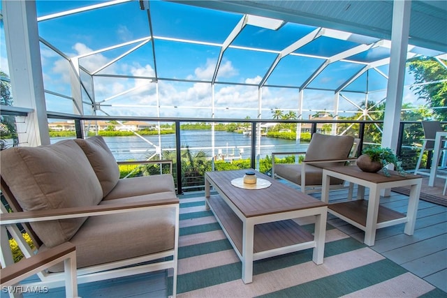 view of patio / terrace featuring an outdoor living space and a water view