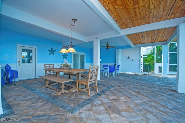 dining area with ceiling fan, beam ceiling, and wood ceiling