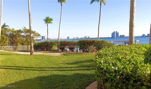 view of home's community with a yard and a water view