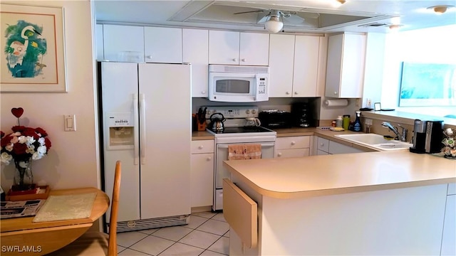 kitchen featuring kitchen peninsula, white appliances, sink, light tile patterned floors, and white cabinetry