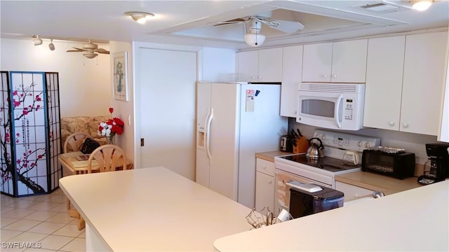 kitchen featuring ceiling fan, white cabinetry, white appliances, and light tile patterned floors