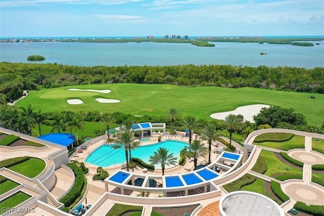 view of pool featuring a water view