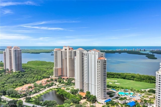 drone / aerial view featuring a water view