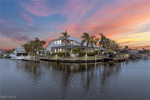 water view featuring a dock