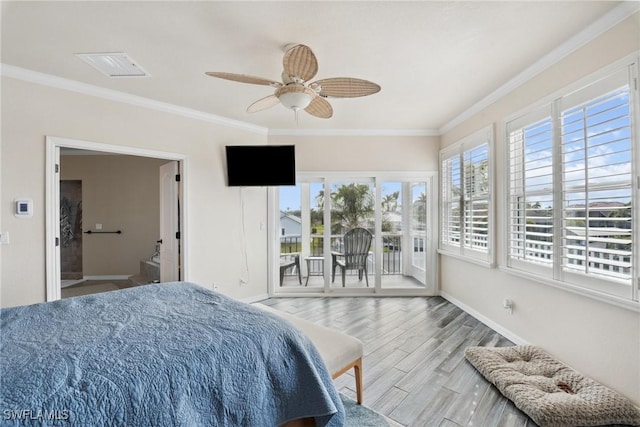 bedroom with ceiling fan, light hardwood / wood-style floors, ornamental molding, and access to outside