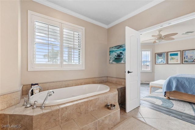 bathroom with ensuite bathroom, a garden tub, visible vents, tile patterned floors, and crown molding