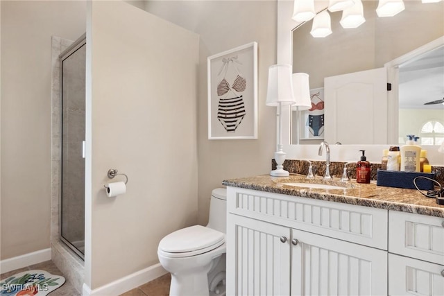 bathroom featuring tile patterned flooring, toilet, vanity, baseboards, and a stall shower