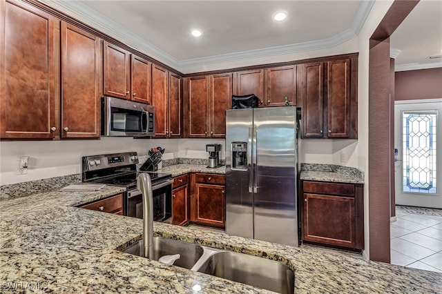 kitchen featuring sink, crown molding, light tile patterned floors, light stone counters, and stainless steel appliances