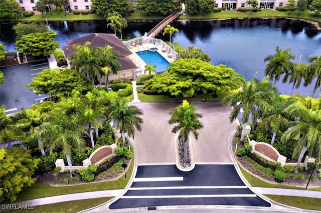 birds eye view of property featuring a water view