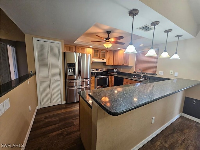 kitchen with kitchen peninsula, stainless steel appliances, hanging light fixtures, and sink