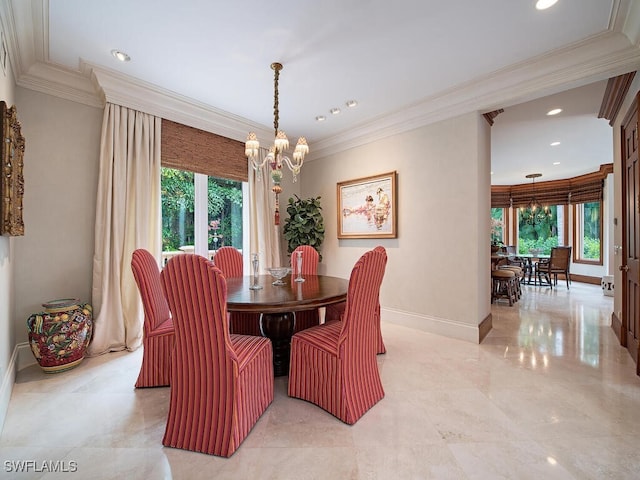 dining space with a chandelier and ornamental molding