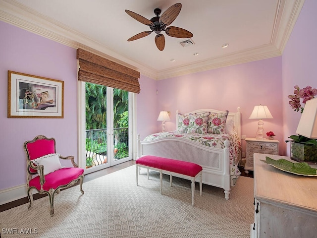 bedroom with ceiling fan, access to exterior, and ornamental molding