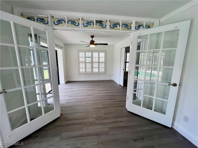 doorway to outside with ceiling fan, french doors, and dark hardwood / wood-style floors