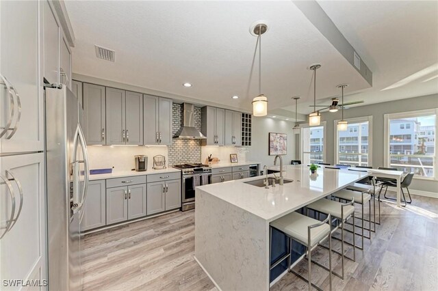 kitchen featuring appliances with stainless steel finishes, a breakfast bar, sink, wall chimney range hood, and a center island with sink