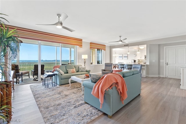 living room featuring hardwood / wood-style flooring and ceiling fan