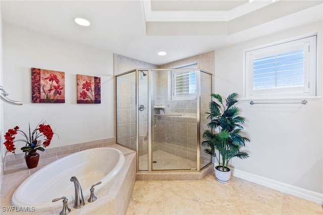 bathroom featuring crown molding and plus walk in shower