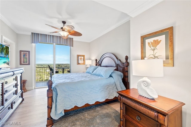 bedroom featuring crown molding, ceiling fan, light wood-type flooring, and access to outside