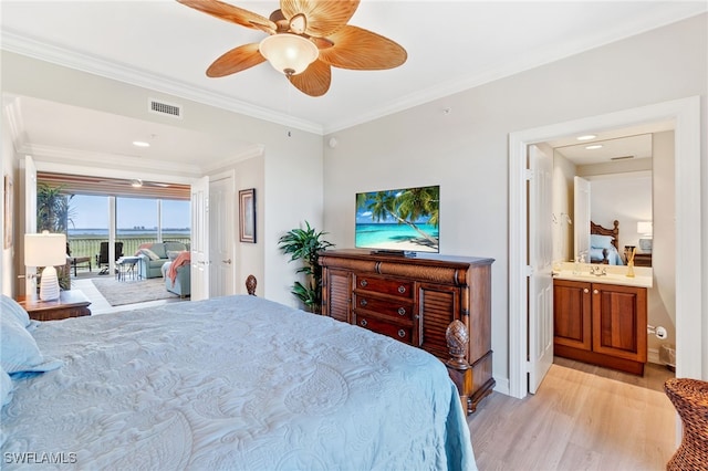 bedroom featuring light hardwood / wood-style flooring, ceiling fan, ensuite bathroom, ornamental molding, and access to outside