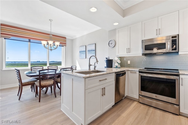 kitchen with white cabinetry, sink, kitchen peninsula, a chandelier, and appliances with stainless steel finishes