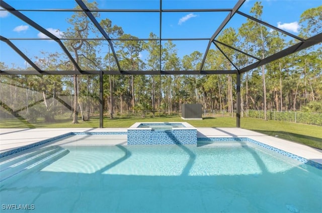 view of swimming pool featuring an in ground hot tub, glass enclosure, and a lawn