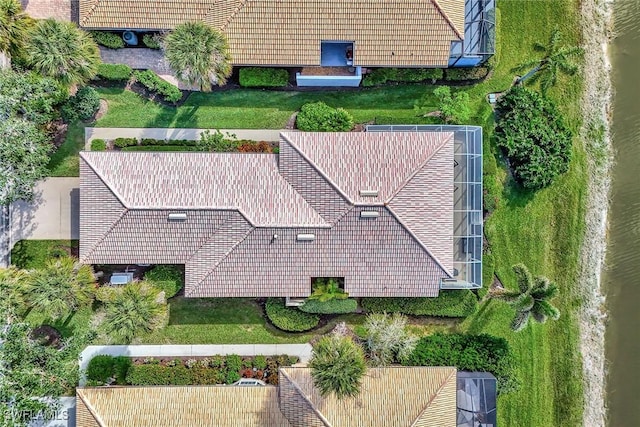 drone / aerial view featuring a water view