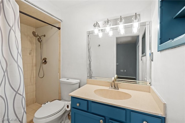 bathroom with tile patterned floors, vanity, toilet, and walk in shower