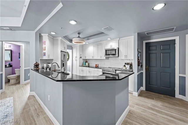 kitchen with kitchen peninsula, appliances with stainless steel finishes, a tray ceiling, sink, and white cabinets