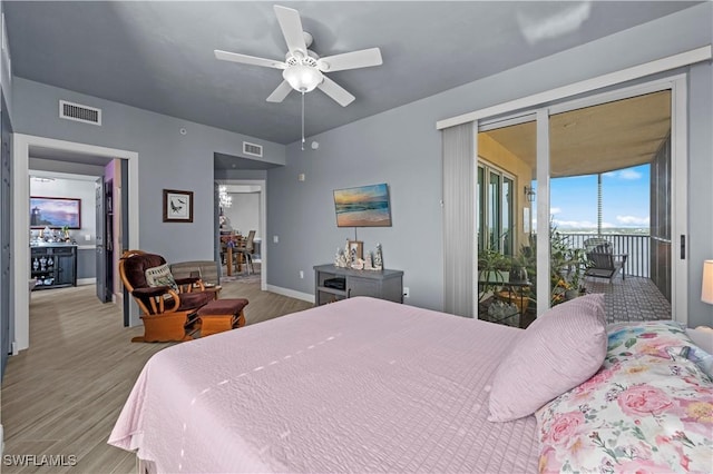 bedroom with ceiling fan, access to exterior, and light wood-type flooring